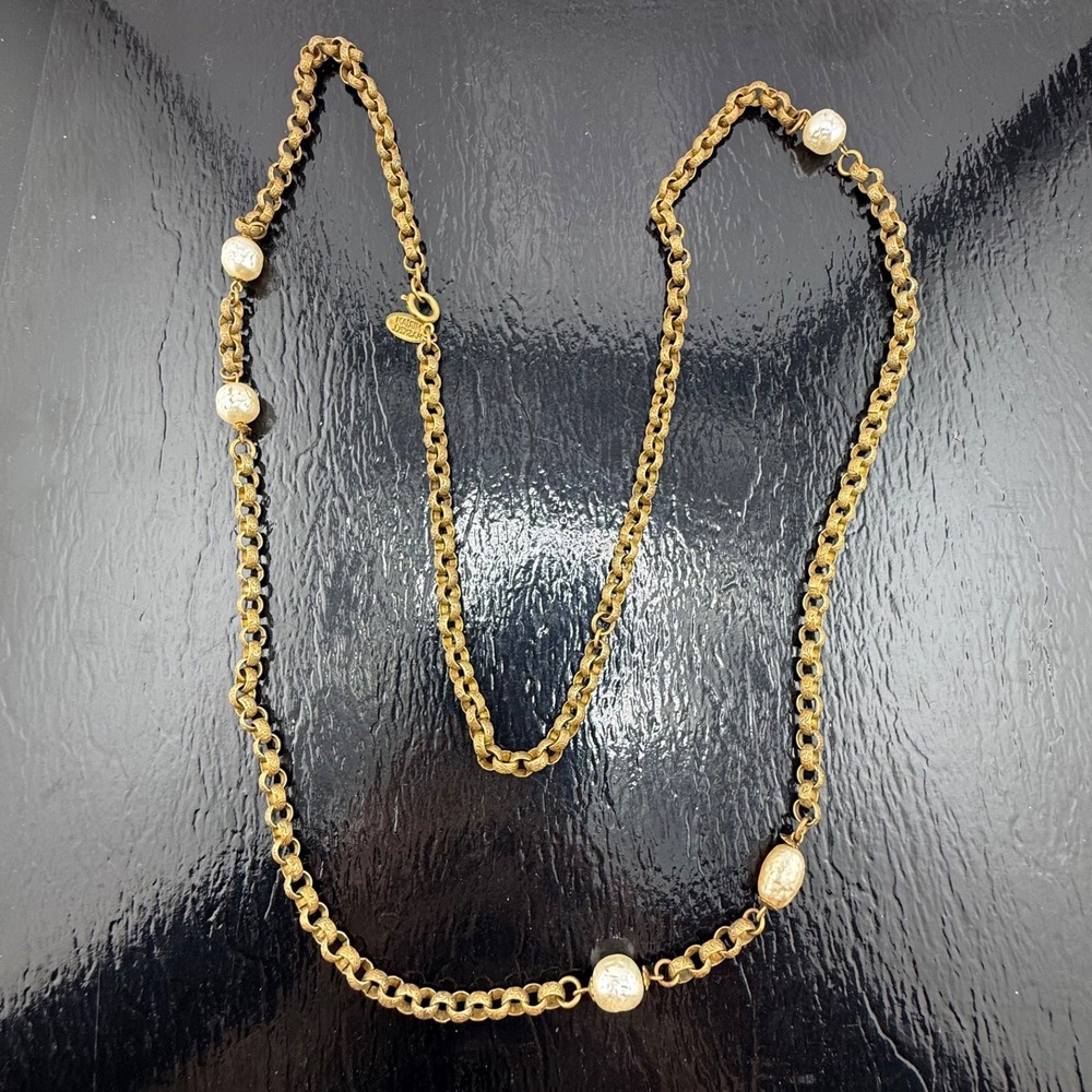 Vintage Miriam Haskell Necklace Gold Tone Faux Pearl Textured Chain 38in